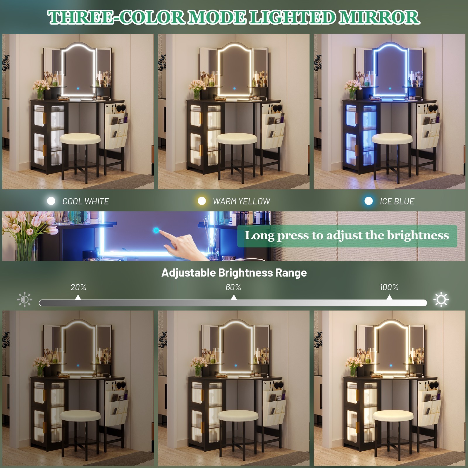 Corner Vanity Desk with Mirror and Lights, Makeup Vanity with Charging Station