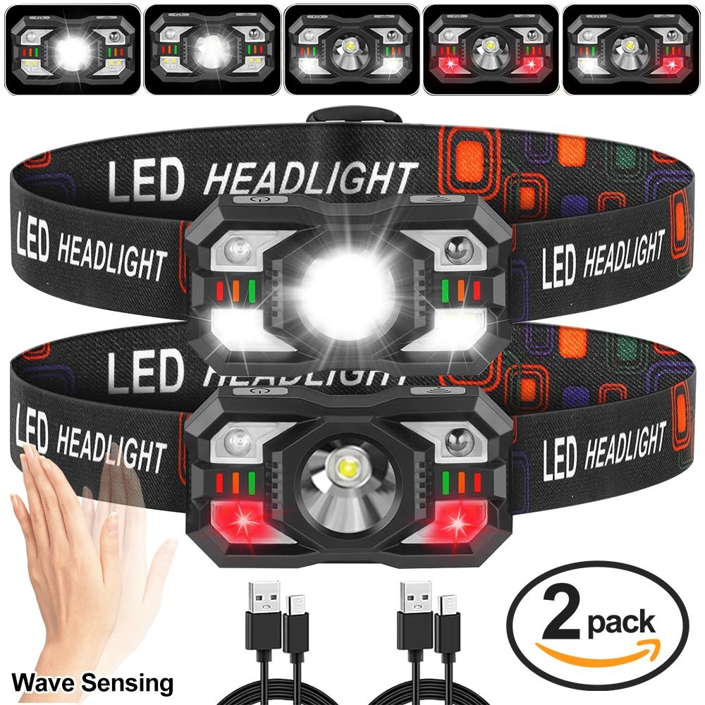 2X Strong LED Headlamp Flashlight USB Rechargeable Wave Sensor Head Torch Light