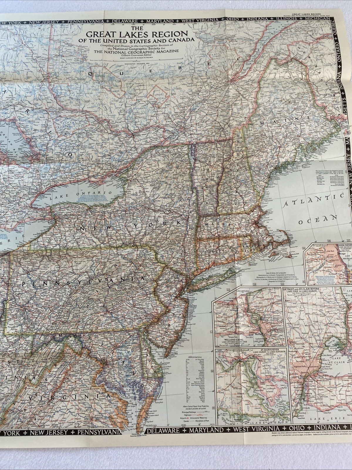Great Lakes Region USA & Canada - National Geographic Map December 1953 42x28”