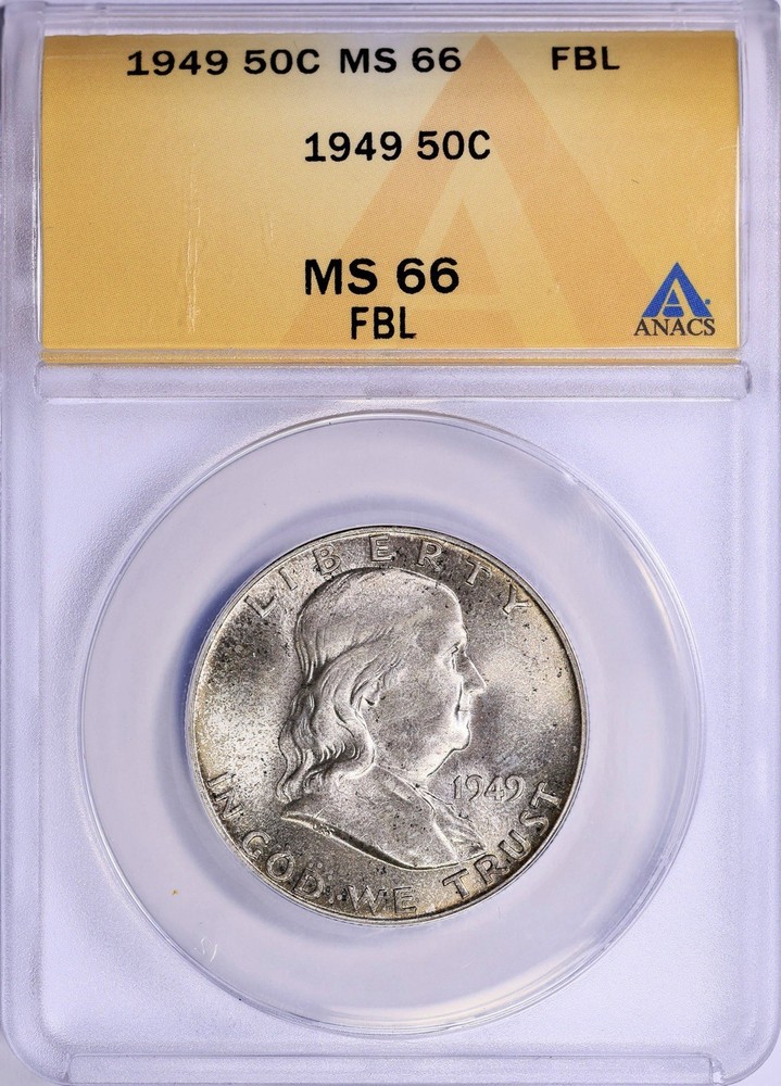 1949 Franklin Half Dollar 50C ANACS MS66 FBL Uncirculated Silver Coin