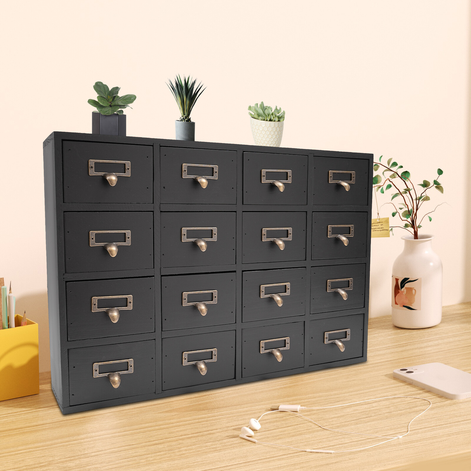 16 Drawers Vintage Tabletop Library Card Catalog Cabinet Apothecary Storage Box