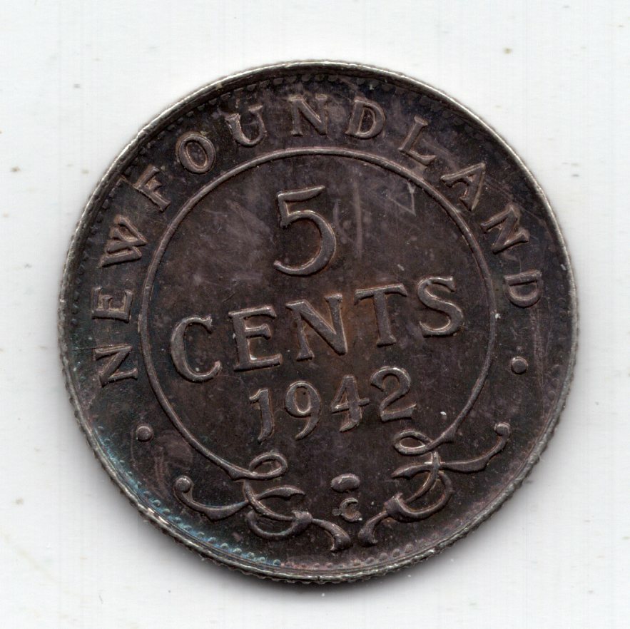 1942 C Newfoundland 5 Cents Silver Coin