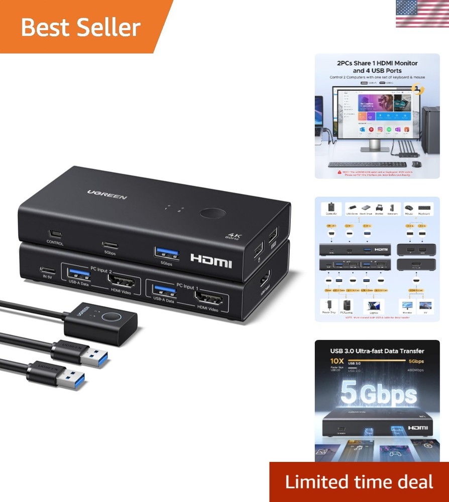 Driver-Free HDMI KVM Switch - Effortlessly Connect 2 Computers & USB Devices