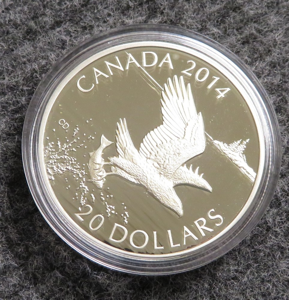 2014 Canada $20 Silver Proof Coin - Bald Eagle Catching Fish