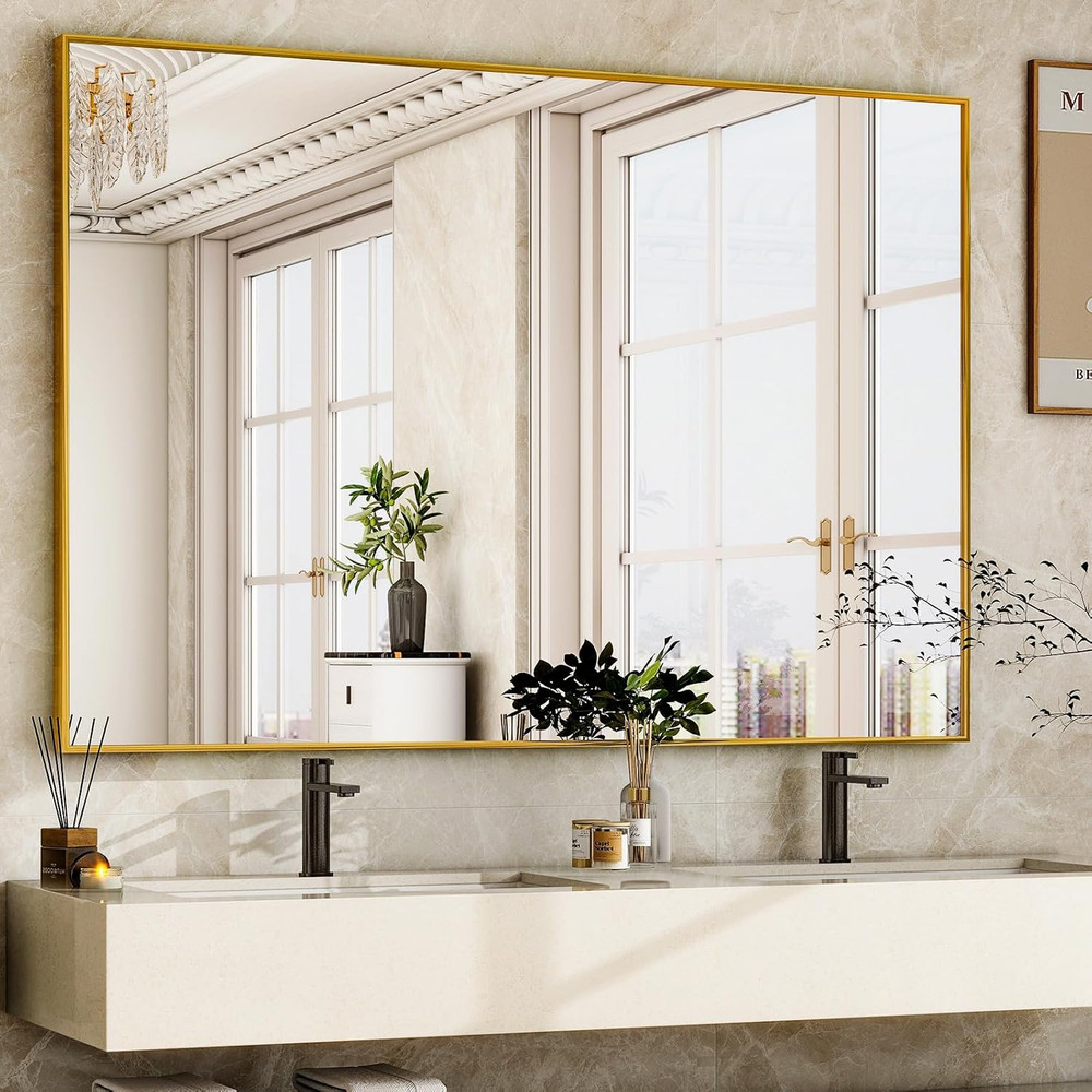 Gold Rectangular Bathroom Mirror 48"x30" Wall-Mounted Vanity Mirror