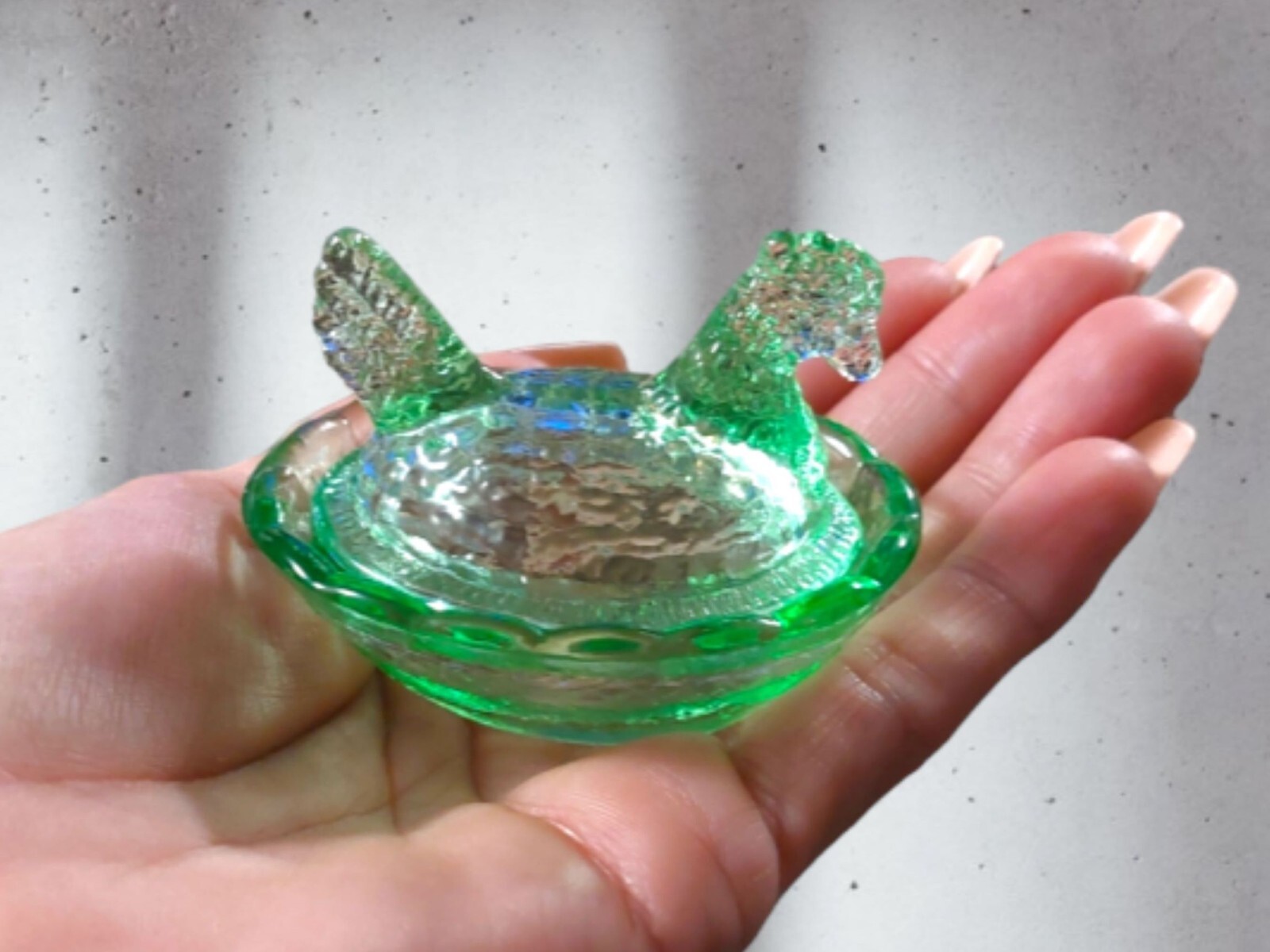 Green Depression Style Glass Mini Hen on Nest Chicken Salt Dish, Vintage Style