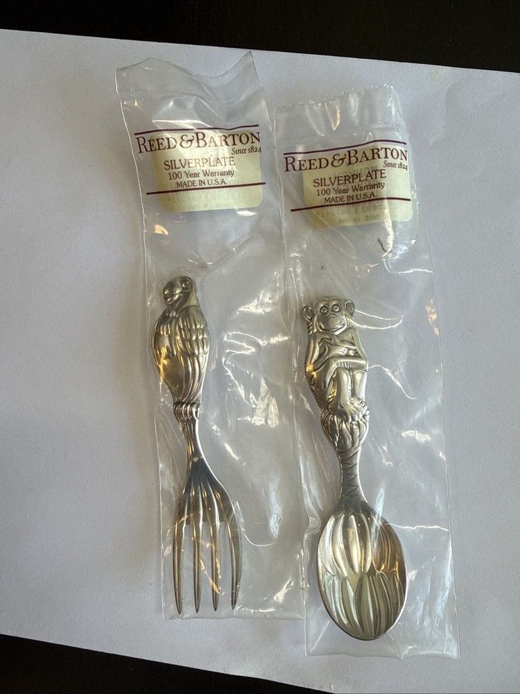 Reed & Barton Safari PARROT & MONKEY Silverplated BABY Spoon & Fork 2 Pc Set