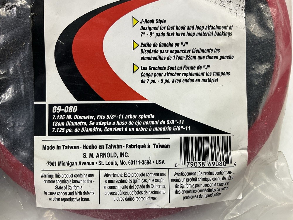 SM Arnold 69-080 Professional Hook And Loop Buffing Pad Backing Plate-- 7.5"-9"