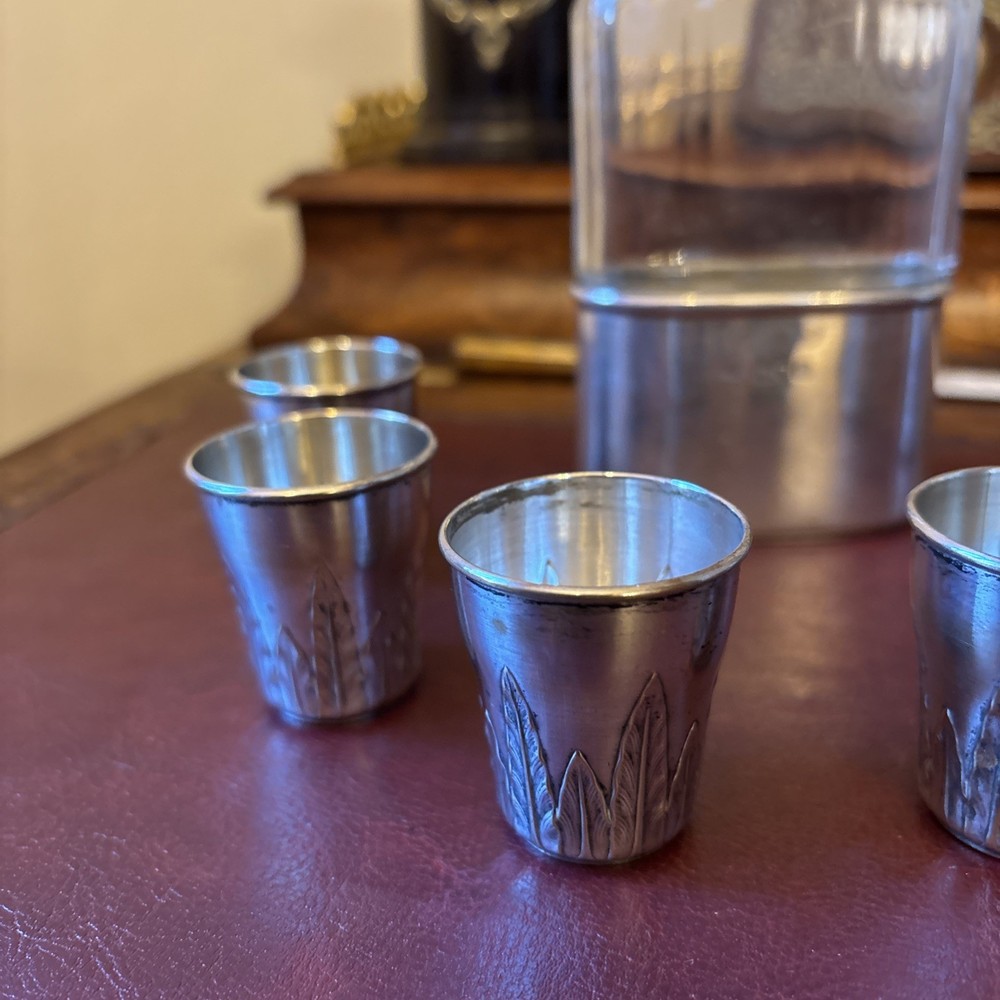 Solid silver hip flask c1900 & Six Antique Continental Solid Silver Shot Cups