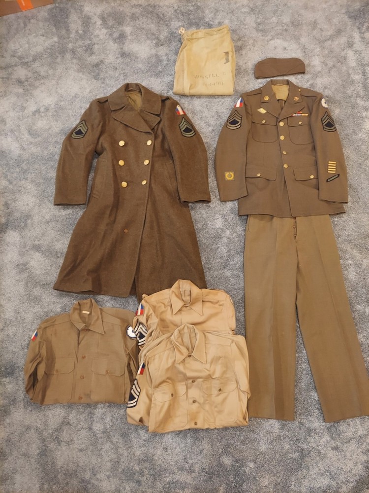 WWII Uniform Grouping - WW2 Sergeant Uniform Set  -  Jacket, Pants, Overcoat Etc