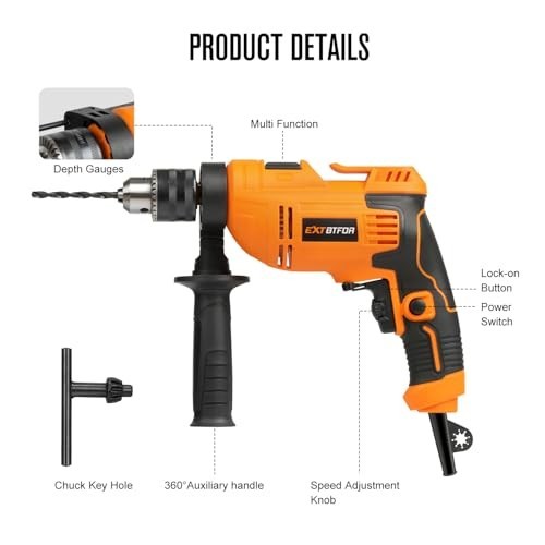 Powerful 5.8Amp Corded Hammer Drill, 1/2" Variable Speed, 9 Drill Bits & Handle