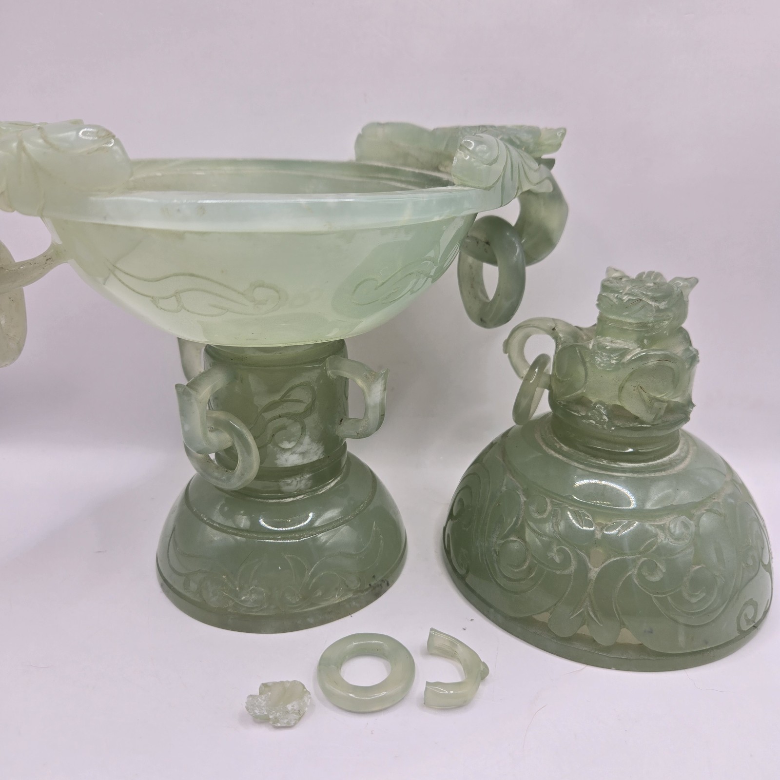 Vintage Chinese Jade Carved Foo Dog Incense Burner 8" x 7.5" READ FOR FAULTS