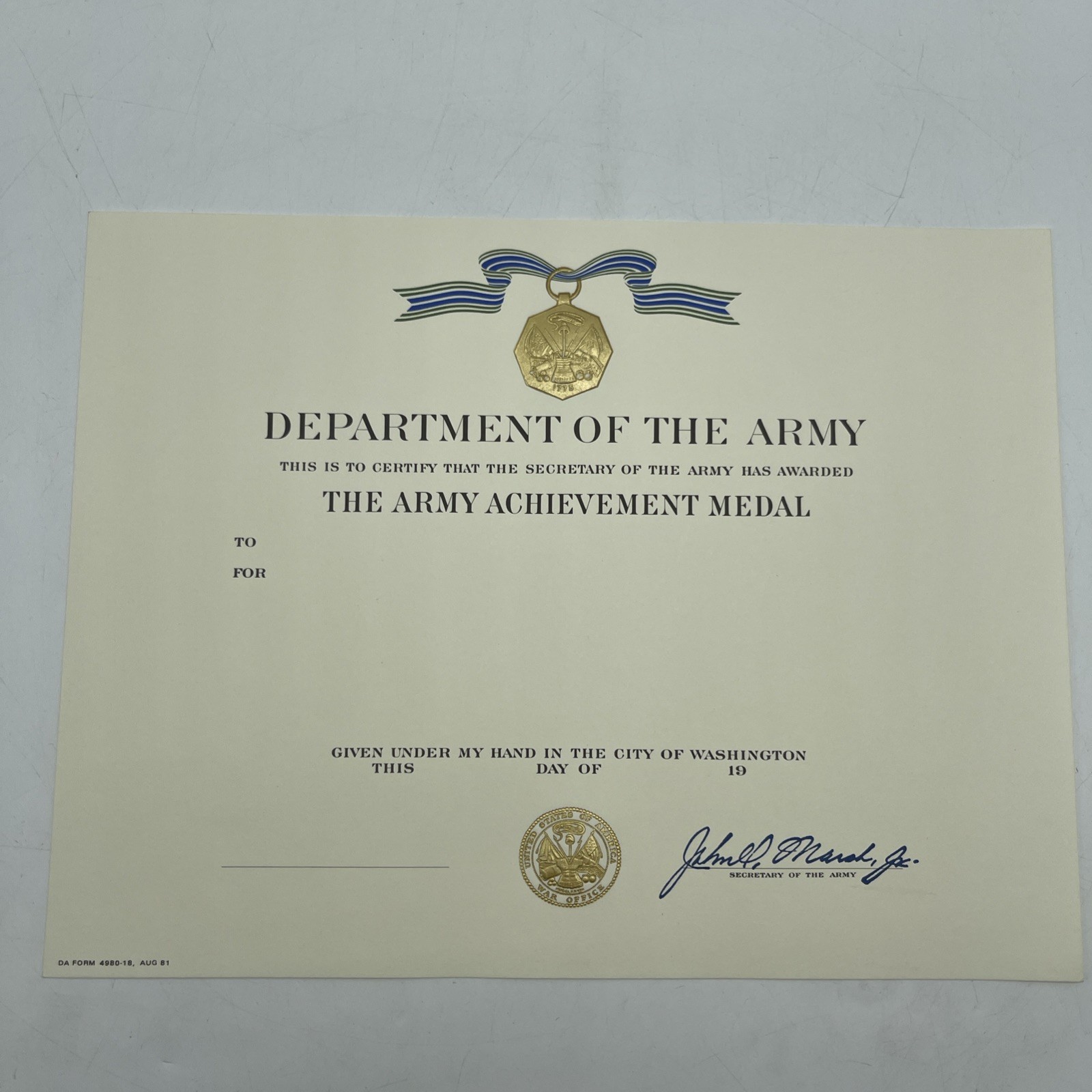 U.S. Military Department Of The Army Blank Achievement Medal Certificate 1981