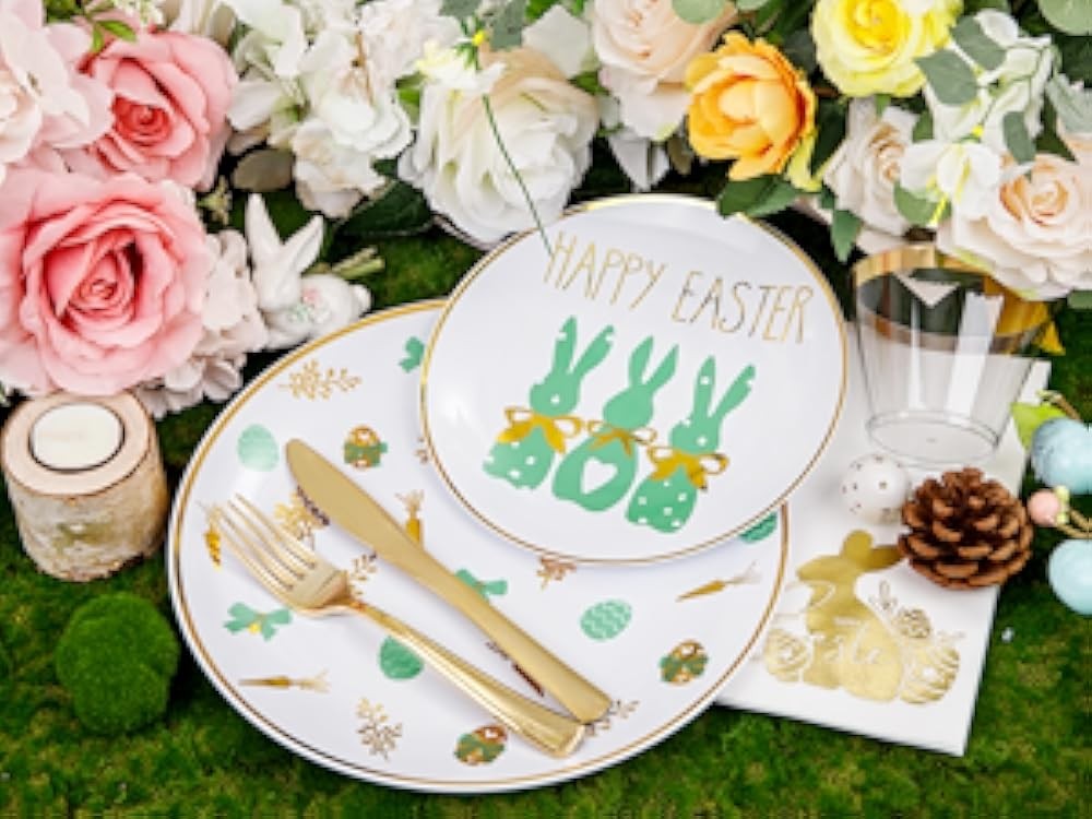 Easter Plastic Plates, Bunny Plastic Disposable Dinnerware Set