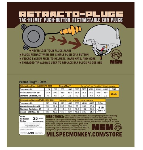 Milspec Monkey MSM Hearing Ear Pro Protection RETRACTO Plugs for helmets & hats