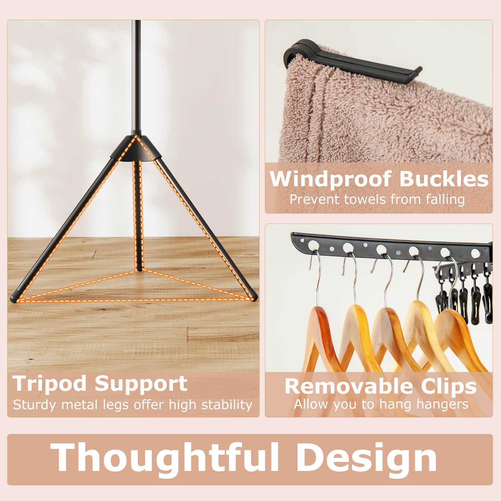 70" Folding Freestanding Tripod Laundry Drying Rack w/ 24 Clips & 32 Rods