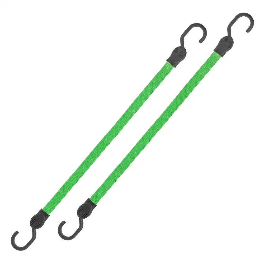 24 In. Green Flat Strap Bungee Cord with Hooks - 2 Pack
