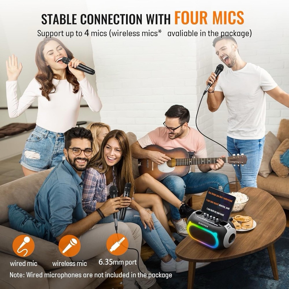 Portable Karaoke Machine with LED Lights, 2 Wireless Mics, Bluetooth Speaker