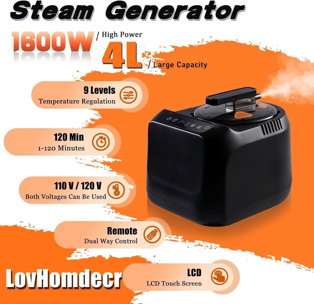 Fast Heating 1600W Portable Sauna Steamer - 9 Levels & Remote Timer Function