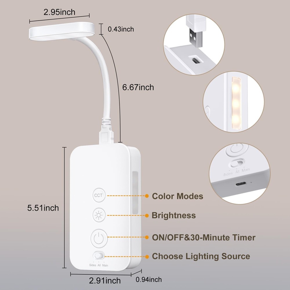 Wall Mounted Reading Light Dimmable LED Book Lights Timer Gooseneck USB White