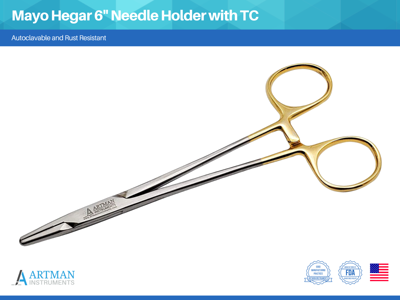 Mayo Hegar Needle Holder Driver 6 inches with Tungsten Carbide ARTMAN