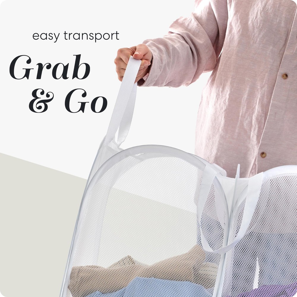 Handy Laundry Mesh Popup Hamper - Two Compartments, Double Hamper, White