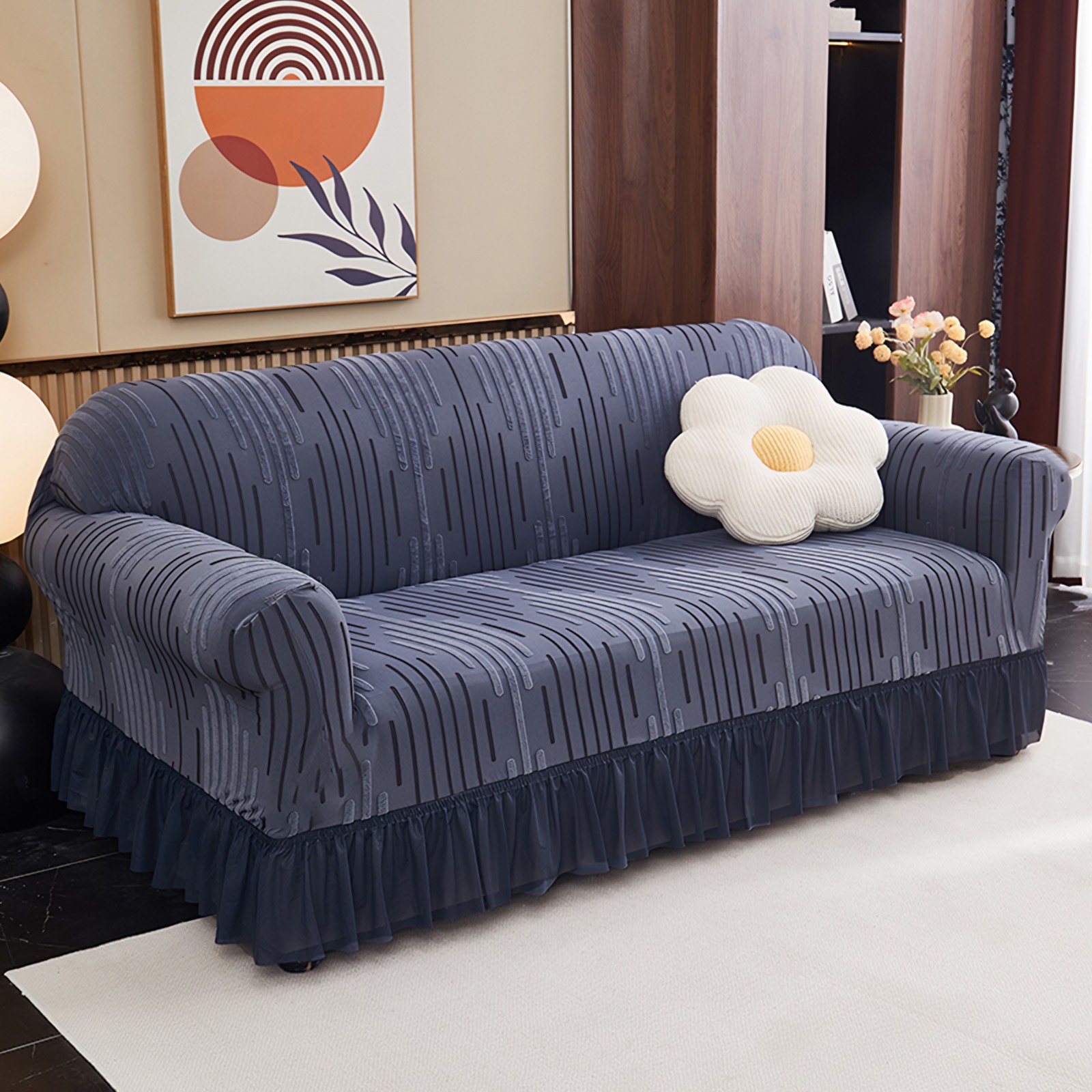 Stretch Jacquard Sofa Cover 1/2/3/4 Seater with Skirt Anti-Slip Couch Protector