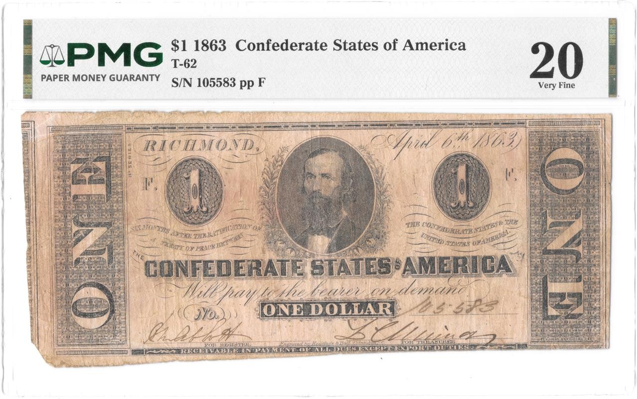 T-62 1863 $1 Confederate States Note Civil War Money PF-1 PMG VF 20 Big Margins