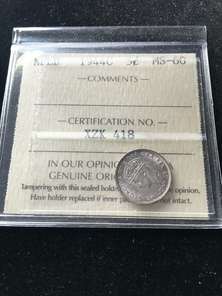 1944c  ICCS Graded Newfoundland ¢5 Cent, **MS-60**