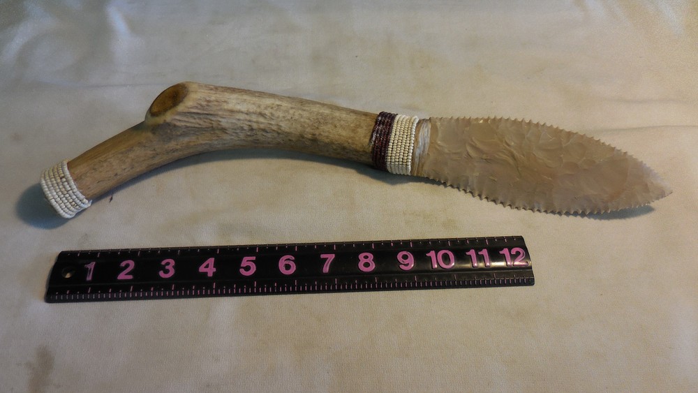 16.5" Lg Flint Bone Handled Beaded Knife