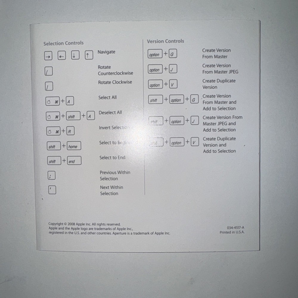 Apple Aperture 2 Mac Vtg Boxed Software Shortcuts Booklet