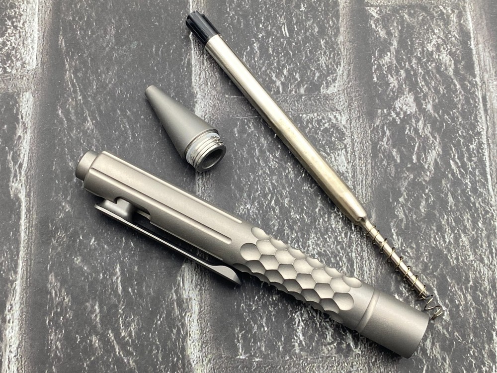 TS-Gray Checkered Tactical Titanium Body Push Button Mechanism Pen
