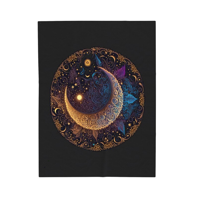 Crescent Moon Electric Mandala Blanket Plush Throw Celestial Art