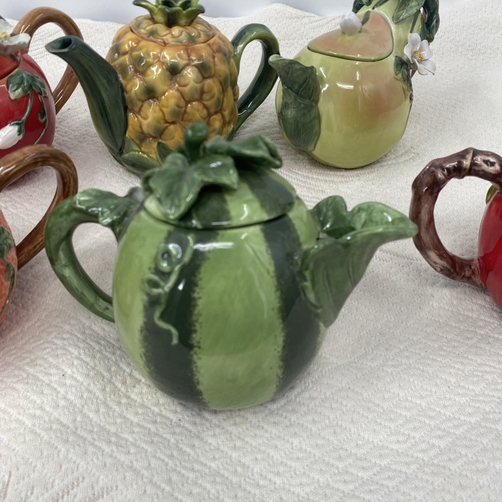 Vtg Lot 6 Ceramic Fruit Teapots: pair, Pineapple Peach Pomegranate & Watermelon
