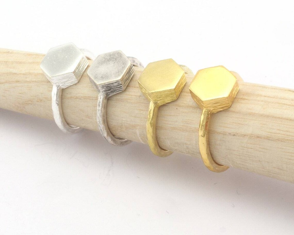 Hexagonal Brushed Edge Ring Adjustable Silver,Raw Brass,Shiny gold-silver 4687