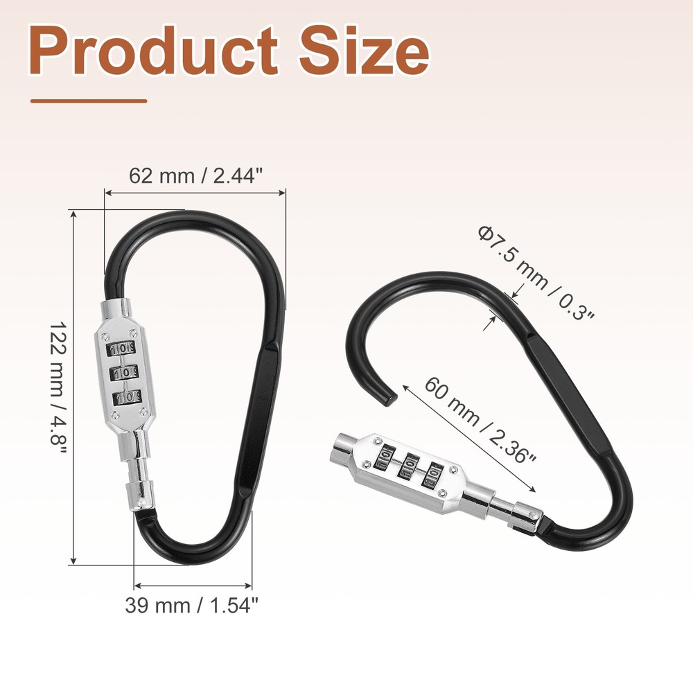 4.8" x 2.4" D-Shaped 3-Digit Code Combination Lock D-Ring Clip Locking, Black