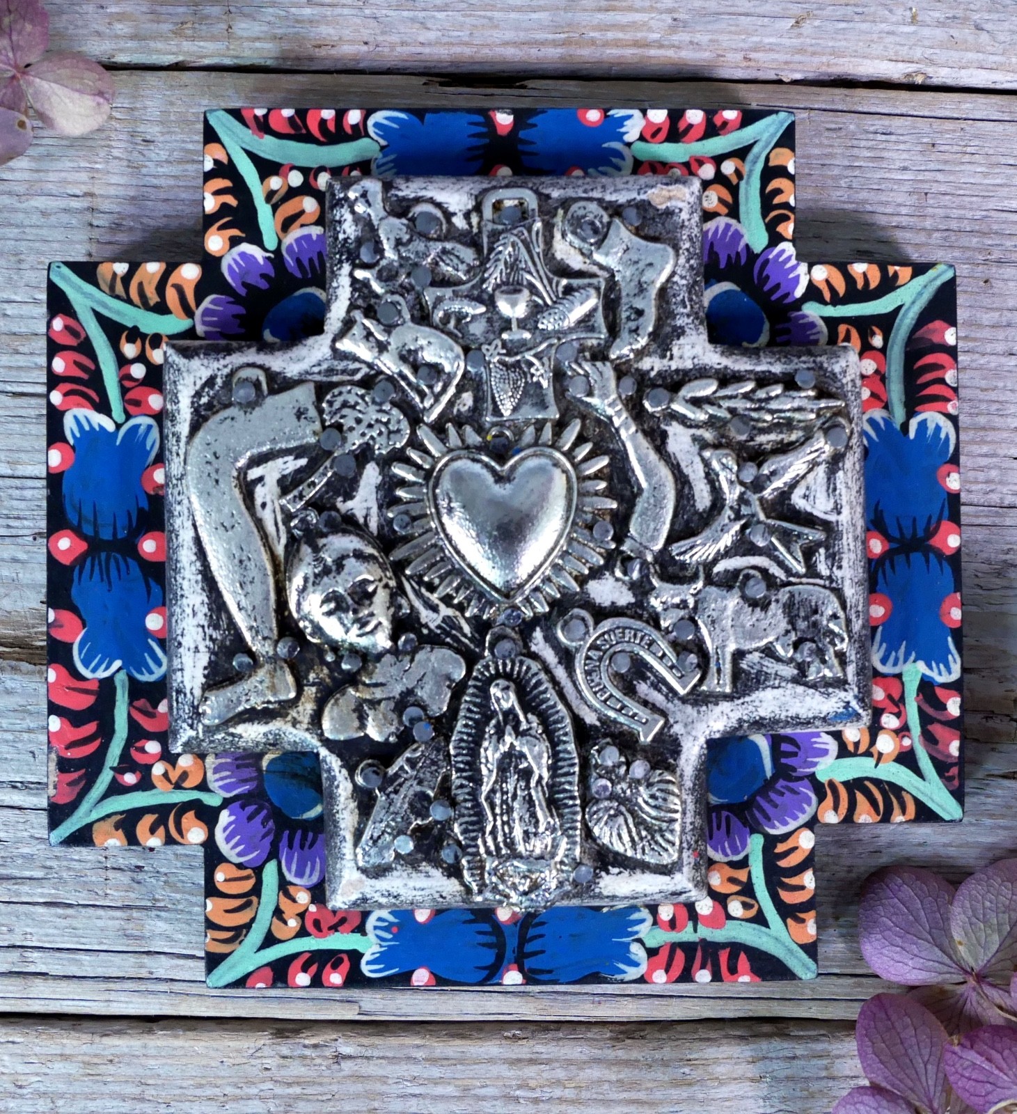 Greek Cross Wood Milagros Hand Painted Floral Boarder Handmade Mexican Folk Art