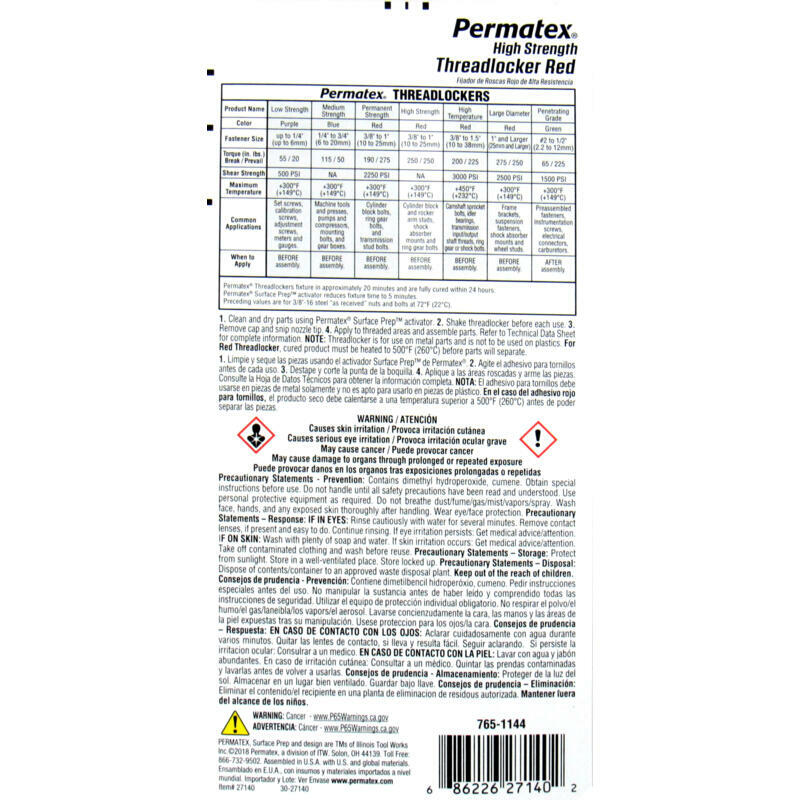 Permatex Thread Locker 27140; Red High Strength, 1.22oz Squeeze Bottle