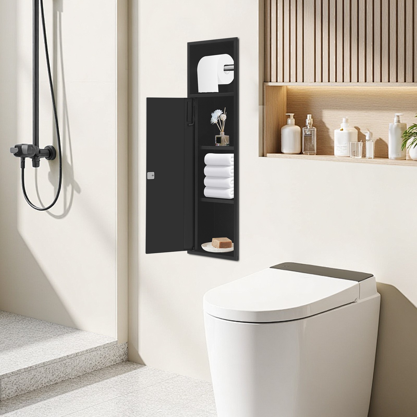 4-Tier 304 Stainless Steel Recessed Bathroom Niche W/ Toilet Paper Holder