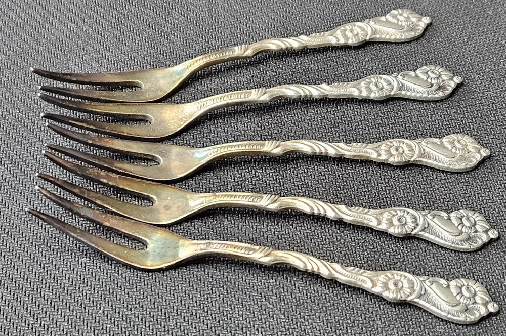 Vintage 1950's Set of 5 Nils Johan Silver Plated Appetizer Forks w/ Holder Cup