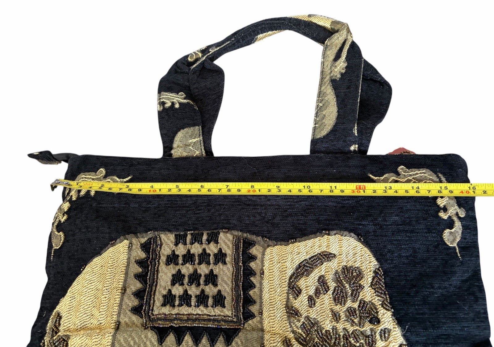 Elephant Themed Tote Bag Embroidered Black + Gold Asian Exotic Style
