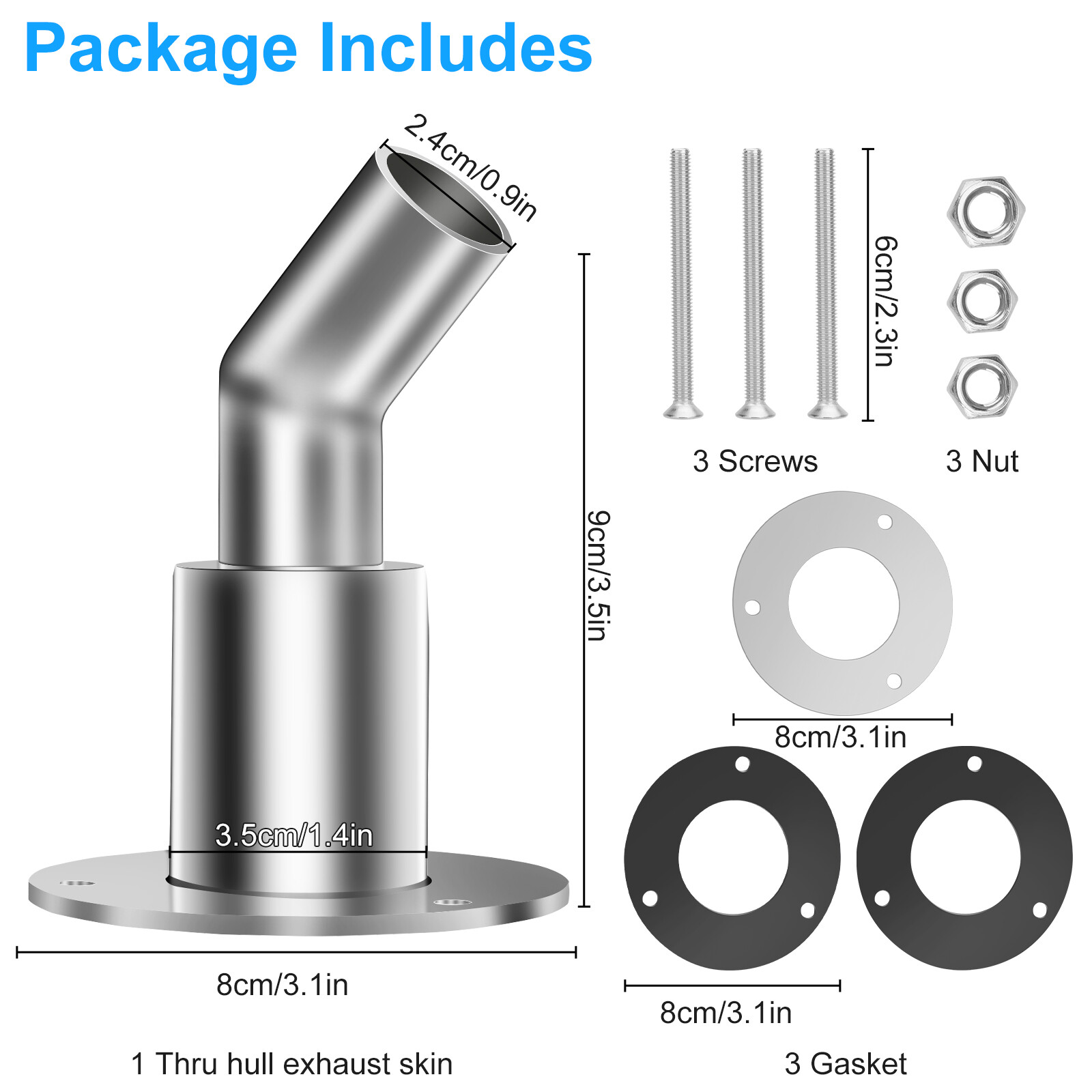 Thru Hull Exhaust Fitting, 24mm 316 Stainless Steel, For Diesel Parking Heaters