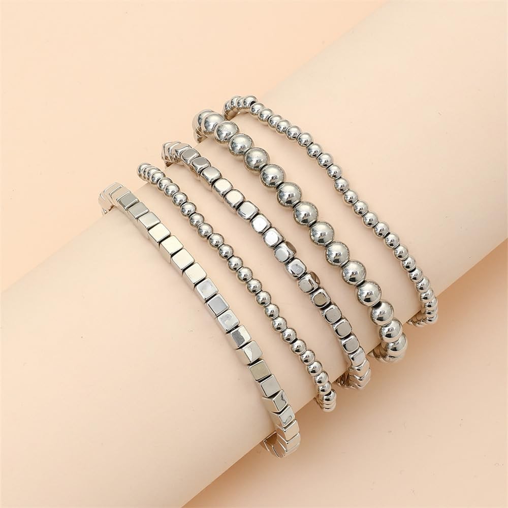 CSIYANJRY99 Silver Beaded Bracelets Medium, Style C-5 PCs Cube Beads
