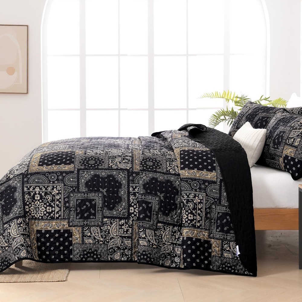 Cottolester Boho Patchwork Quilt Set Queen Size,Black Gold Fall Bedspread,Pai...