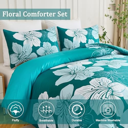 Comforter Set Bedding Floral Comforter Sets - Soft Queen Gradient Teal