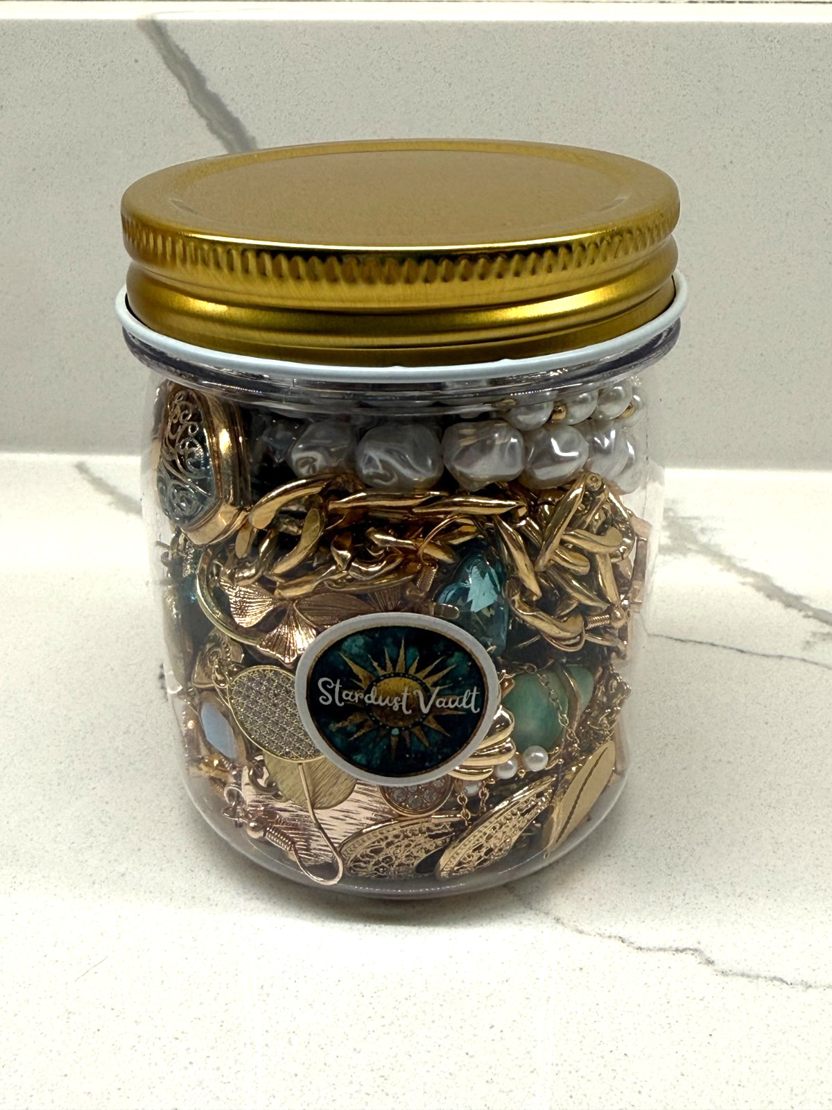 Mystery Jewelry Jar 8 oz – Gold Tone, Blue & Pearl Accents, Wearable Lot