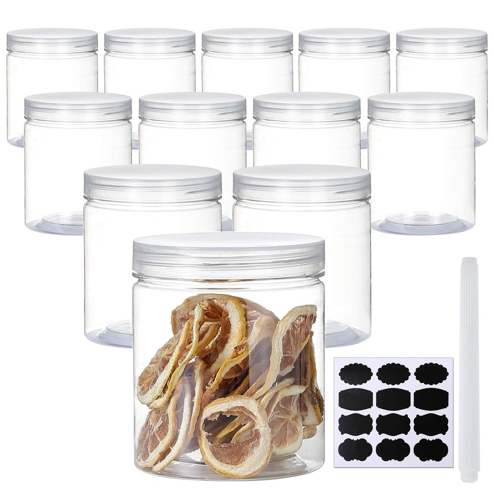 16 OZ Plastic Jars with Lids, 12 Pack Clear Plastic Slime Containers for Kitc...