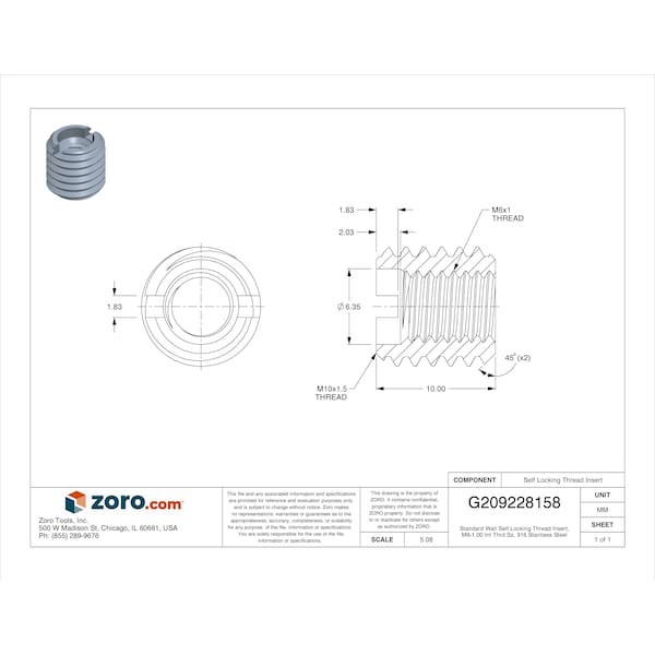 Standard Wall Self Locking Thread Insert, M6-1.00 Int Thrd Sz, 316 Stainless
