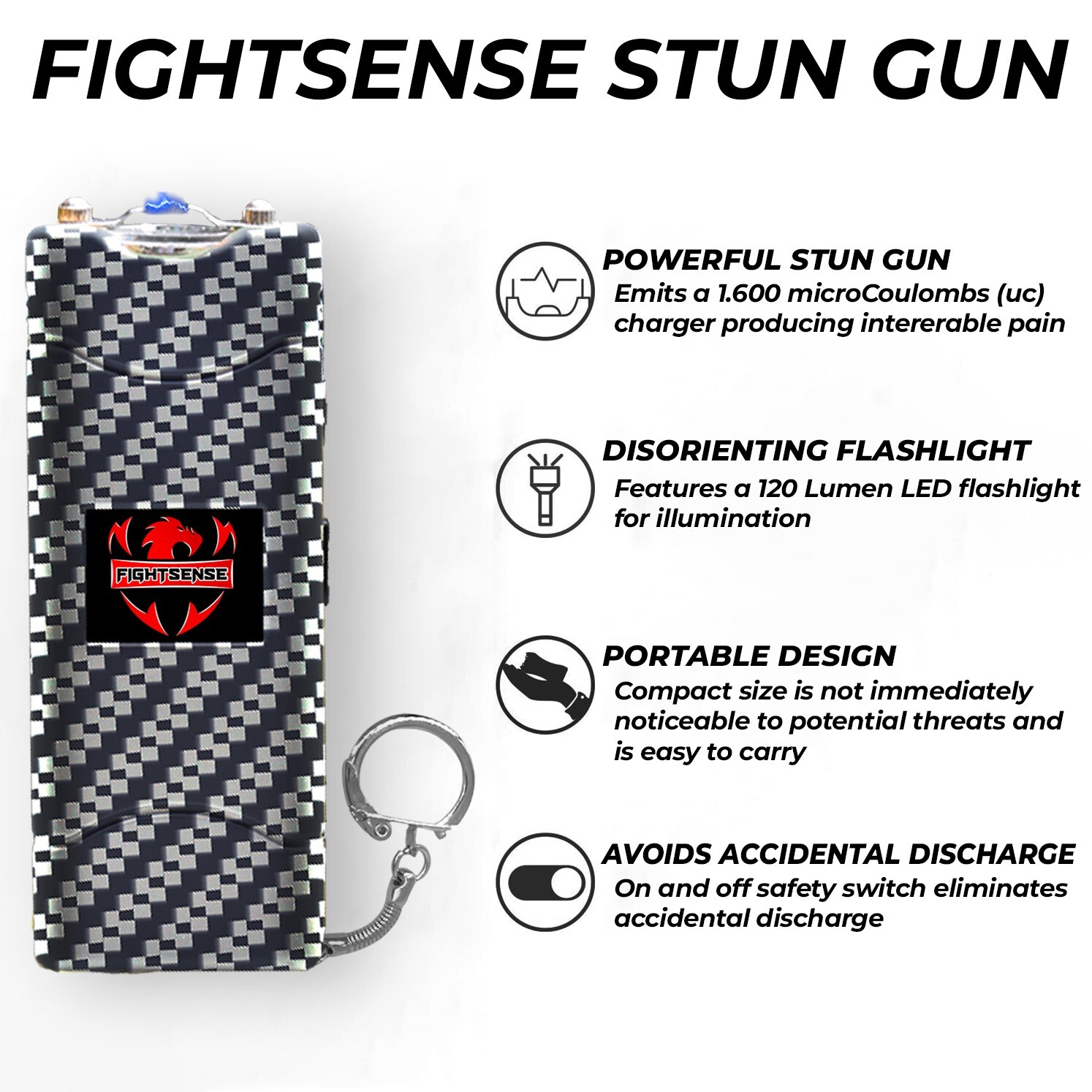 FIGHTSENSE SelfDefense Mini StunGun 400BV Rechargeable W/LED Flashlight,Keychain