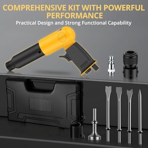 Long Barrel Air Chisel Hammer with Quick Change Retainer & 5 Chisels, 2500 BPM